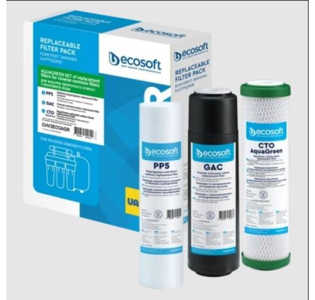 Комплект картриджів Ecosoft 1-2-3 для осмосу Absolute (поліпропілен+GAC+AquaGreen)