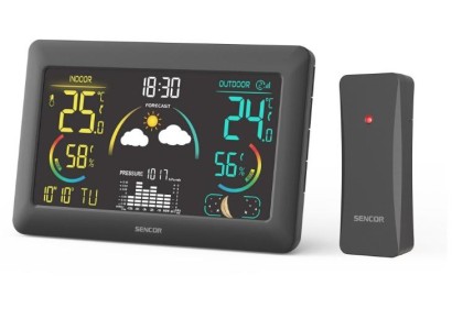 Метеостанція Sencor, внутр/зовн вимірювання, від мережі/AAх3+AAx2, темп-ра, вологість, час, прогноз погоди, чорний