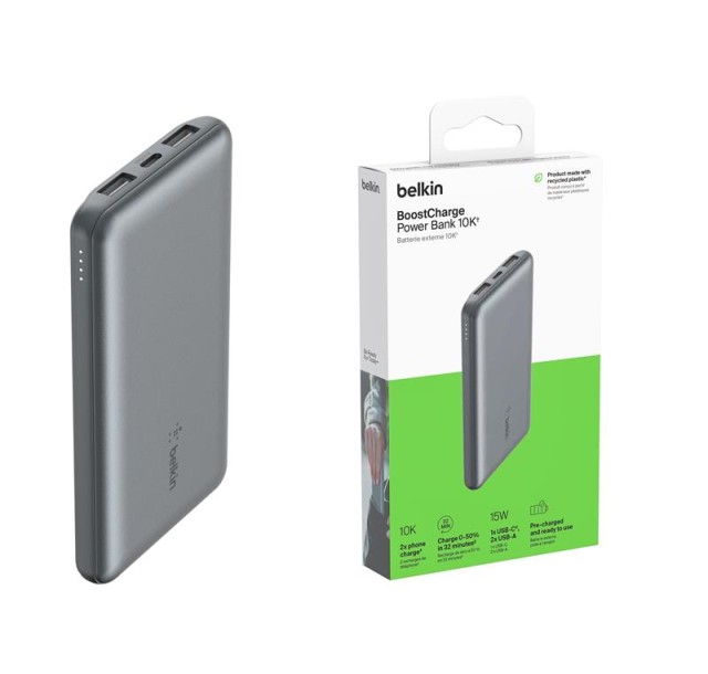 Акумулятор портативний літій-іонний Power Bank Belkin 10000мА·год, 15Вт, 2хUSB-A/USB-C, cірий