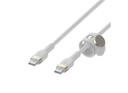 Кабель USB-C > USB-C заряджання/синхронізації Belkin 2м, 60Вт, Type-C, плетений, силіконовий, з ремінцем на магніті, білий