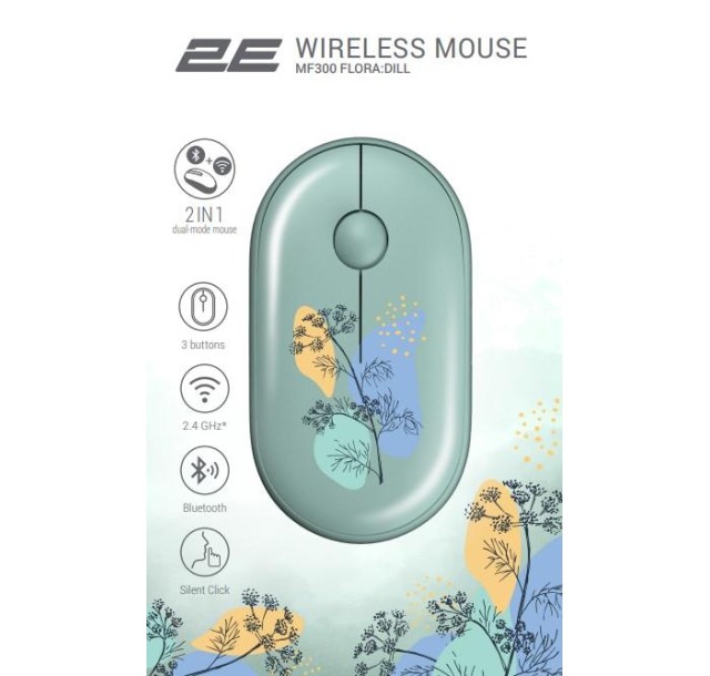 Миша 2E MF300 FLORA:DILL Silent WL BT, зелений
