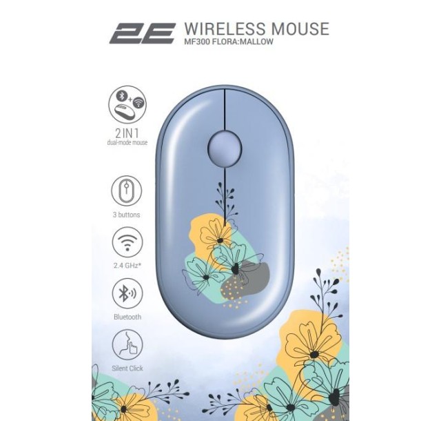 Миша 2E MF300 FLORA:MALLOW Silent WL BT, синій
