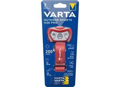 Ліхтар VARTA Налобний Outdoor  Sports H20 Pro IPX4, до 200 люмен, до 50 метрів, біле/червоне світло,  3хААА