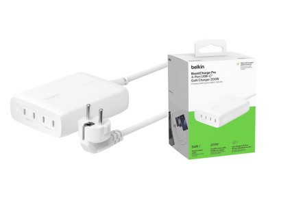 Зарядний пристрій мережевий Belkin 200Вт 4хUSB-С GAN PD PPS, білий