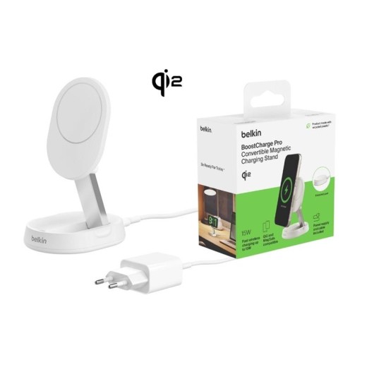 Зарядний пристрій бездротовий Belkin 15Вт Magnetic Stand Qi2, адаптер 20Вт USB-C, білий