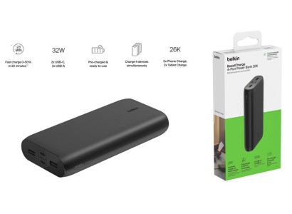 Акумулятор портативний літій-іонний Power Bank Belkin 26000мА·год, 32Вт, USB-A/USB-C PD PPS, чорний