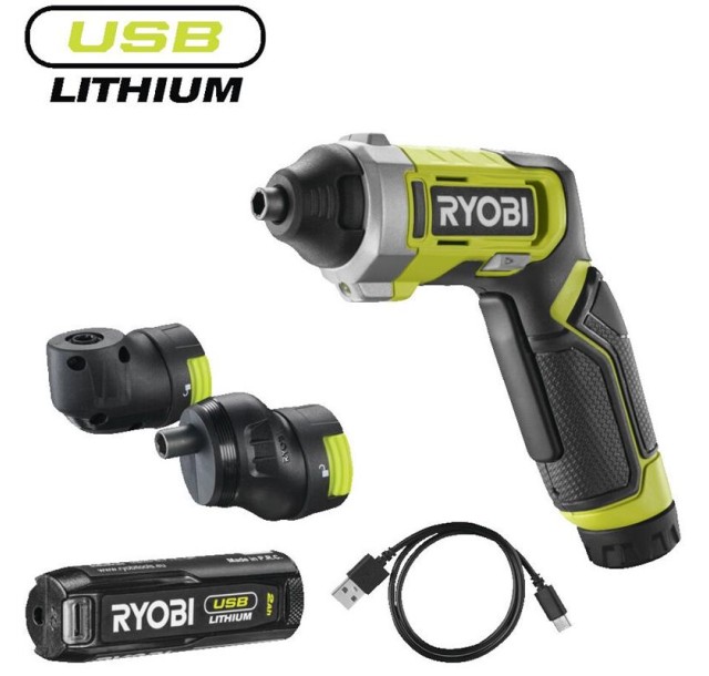 Викрутка акумуляторна Ryobi USB Lithium RSD4-120TA2 4В 1х2А·год 5Нм 200об·хв 2 насадки 10 біт 0.31кг кейс