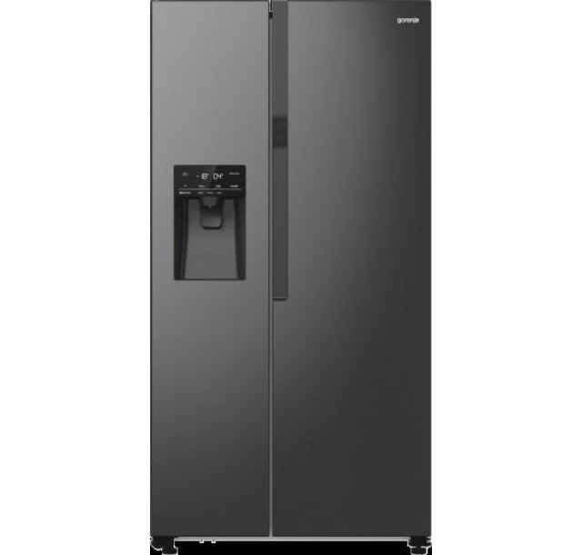 Холодильник SBS Gorenje, 179х70х92см, 2 двері, 376(190)л, А++, NF+, Інв., Зона св-ті, диспенсер, генератор льоду, Зовн. Диспл, чорний