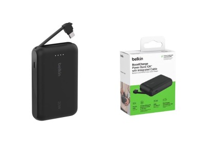 Акумулятор портативний літій-іонний Power Bank Belkin 10000мА·год, 20Вт, з інтегрованим кабелем USB-C, чорний