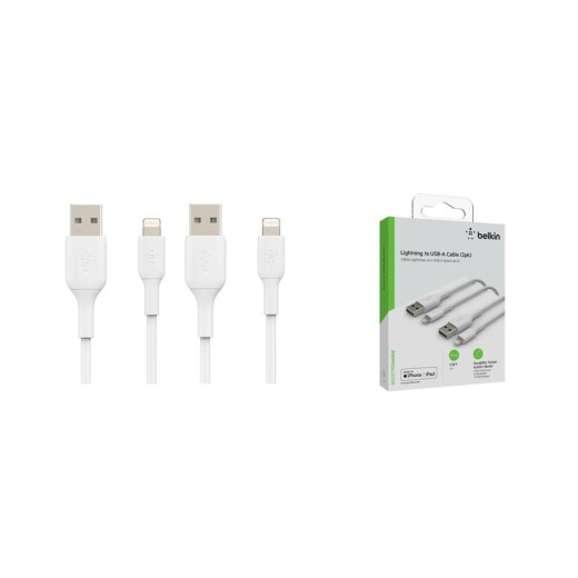 Кабель USB-A > Lightning заряджання/синхронізації Belkin 1м, 12Вт, PVC, (2 Pack), білий