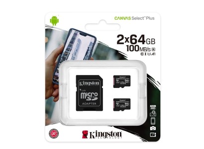 Карта пам'яті Kingston 64GBx2 microSDXC C10 UHS-I R100MB/s Canvas Select Plus + SD