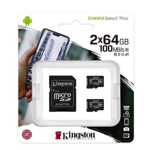 Карта пам'яті Kingston 64GBx2 microSDXC C10 UHS-I R100MB/s Canvas Select Plus + SD