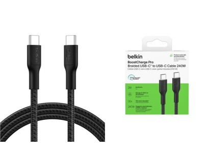 Кабель USB-C > USB-C заряджання/синхронізації Belkin 2м, 240Вт, Type-C, плетений, чорний