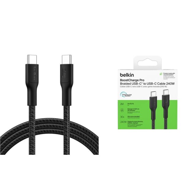 Кабель USB-C > USB-C заряджання/синхронізації Belkin 2м, 240Вт, Type-C, плетений, чорний