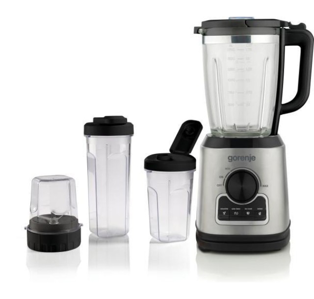 Блендер Gorenje стаціонарний 1400Вт, чаша-1750мл, додаткові ємкості, кавомолка, кришення льоду, приготування супу, імпульсний режим, метал