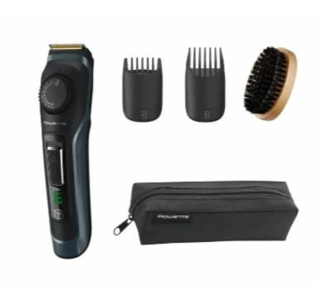 Тример Rowenta Virtuo, для бороди і вусів, мережа+акум., насадок-2, чохол, титан.напил., кейс для зберігання, чорно-синій