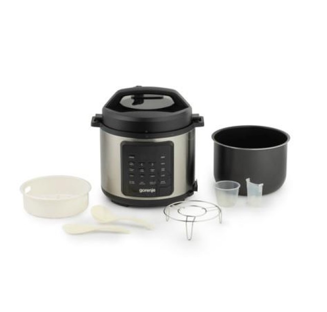 Мультиварка-скороварка Gorenje, 1000Вт, чаша-6л, електронне керув., 8 програм, метал/пластик, чорний-нерж