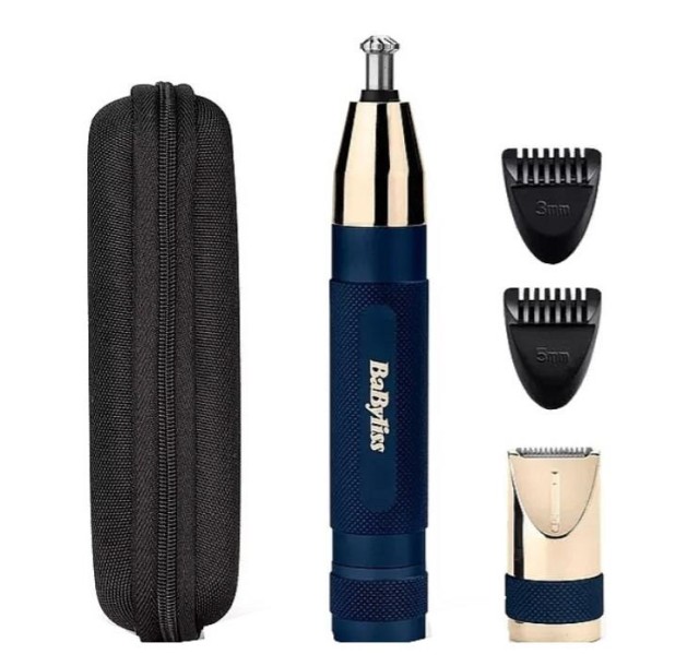 Тример Babyliss, для брів, вусів, носа та вух, 1хАА, насадок-3, чохол, сталь, синій