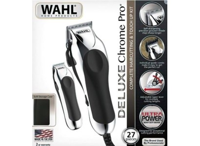 Машинка для стрижки WAHL ChromePro Deluxe, від мережі, вібраційний мотор, насадок-12, ножиці, сталь, сіро-чорний