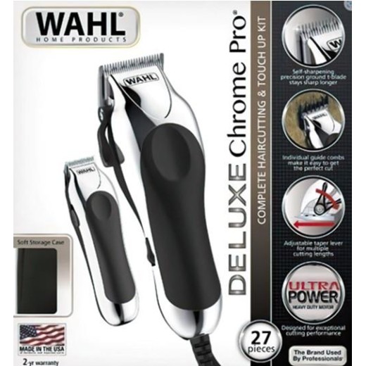 Машинка для стрижки WAHL ChromePro Deluxe, від мережі, вібраційний мотор, насадок-12, ножиці, сталь, сіро-чорний