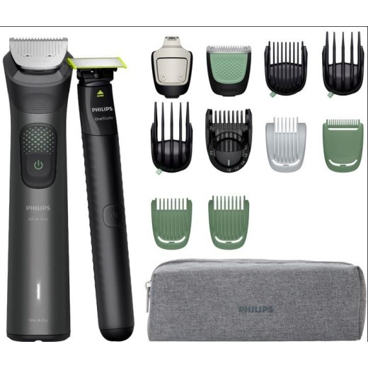 Тример Philips Series 9000, для обличчя, голови, тіла, акум., насадок-15, OneBlade в компл., сталь, сірий