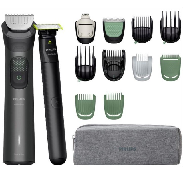 Тример Philips Series 9000, для обличчя, голови, тіла, акум., насадок-15, OneBlade в компл., сталь, сірий