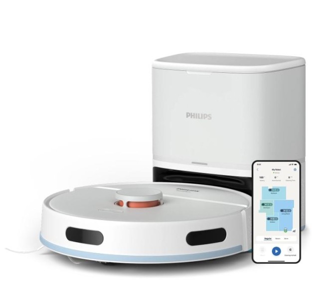 Робот-пилосос Philips Series 2000, h=9.7см, вологе прибирання, конт пил -0.38л, вода -0.3л, автон. робота до 120хв, EPA 11, Wi-Fi, станція самоочищ., білий