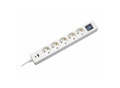 Подовжувач-фільтр мережевий 2E 5xТип F, 3x1.5мм кв, 16A, 1xUSB-A, 1xUSB-C, із захистом від перевантаження, 3м, білий, 3м, білий
