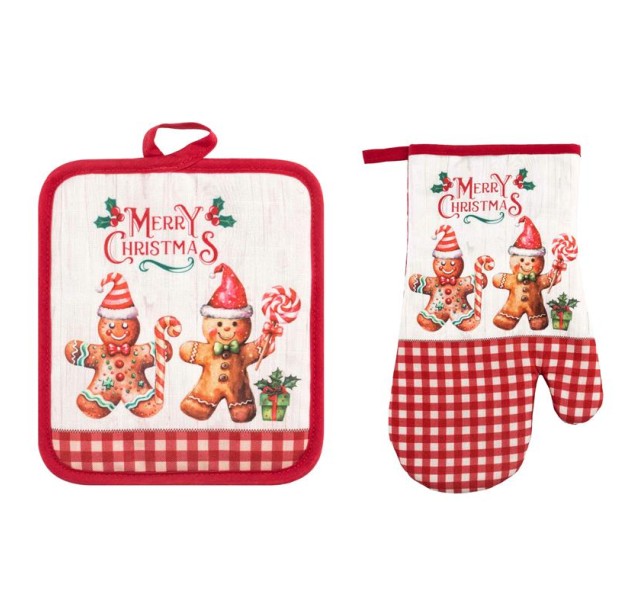 Набір прихваток для кухні Ardesto Christmas Gingerbread 18х20см, 18х30см, 100% поліестер (верх), 100% бавовна (низ), червоний