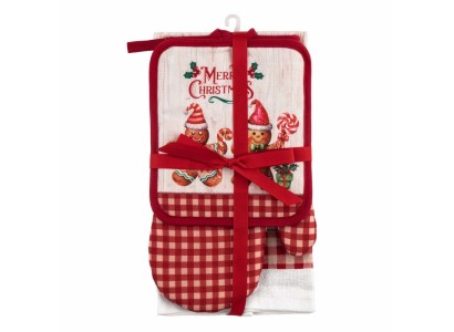 Подарунковий набір для кухні Ardesto Christmas Gingerbread, 3шт, 100% бавовна (рушничок), 100% поліестер (прихватки), червоний