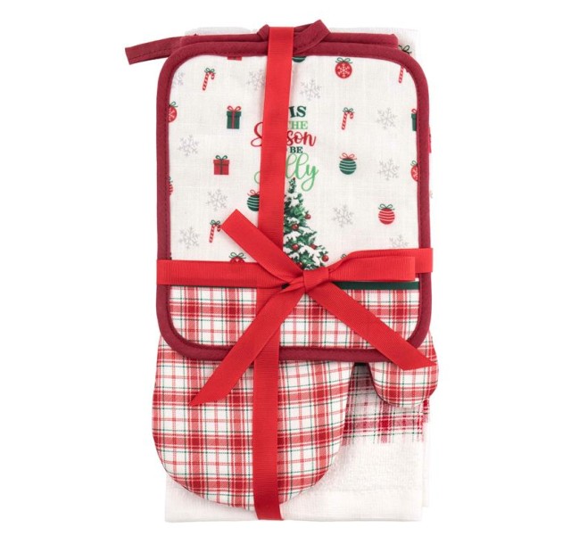 Подарунковий набір для кухні Ardesto Christmas Tree, 3шт, 100% бавовна (рушничок), 100% поліестер (прихватки), зелений