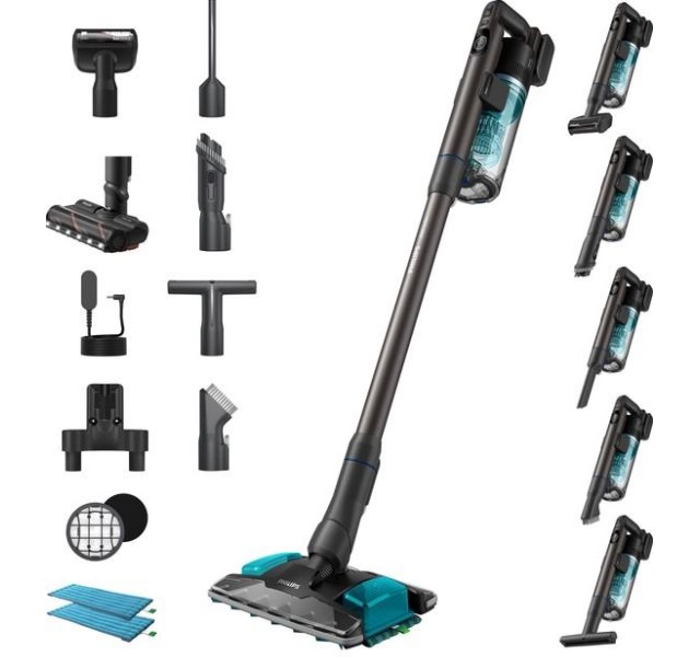 Пилосос Philips безпровідний Complete Series 8000, вологе прибирання, конт пил -0.6л, автон. робота до 80хв, чорно-блакитний