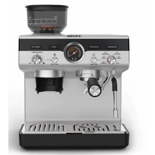 Кавоварка Krups ріжкова Precision+, 3.5л, вдубована кавомолка, ручний капучинатор, 15 бар, чорний-сірий