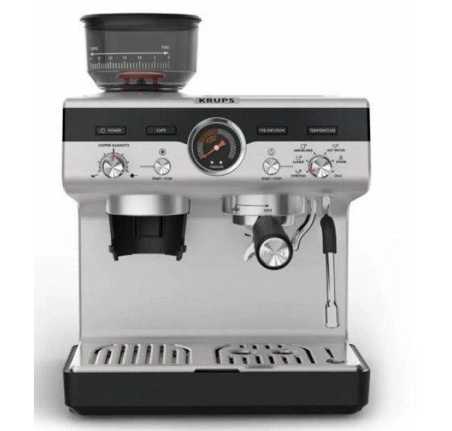 Кавоварка Krups ріжкова Precision+, 3.5л, вдубована кавомолка, ручний капучинатор, 15 бар, чорний-сірий